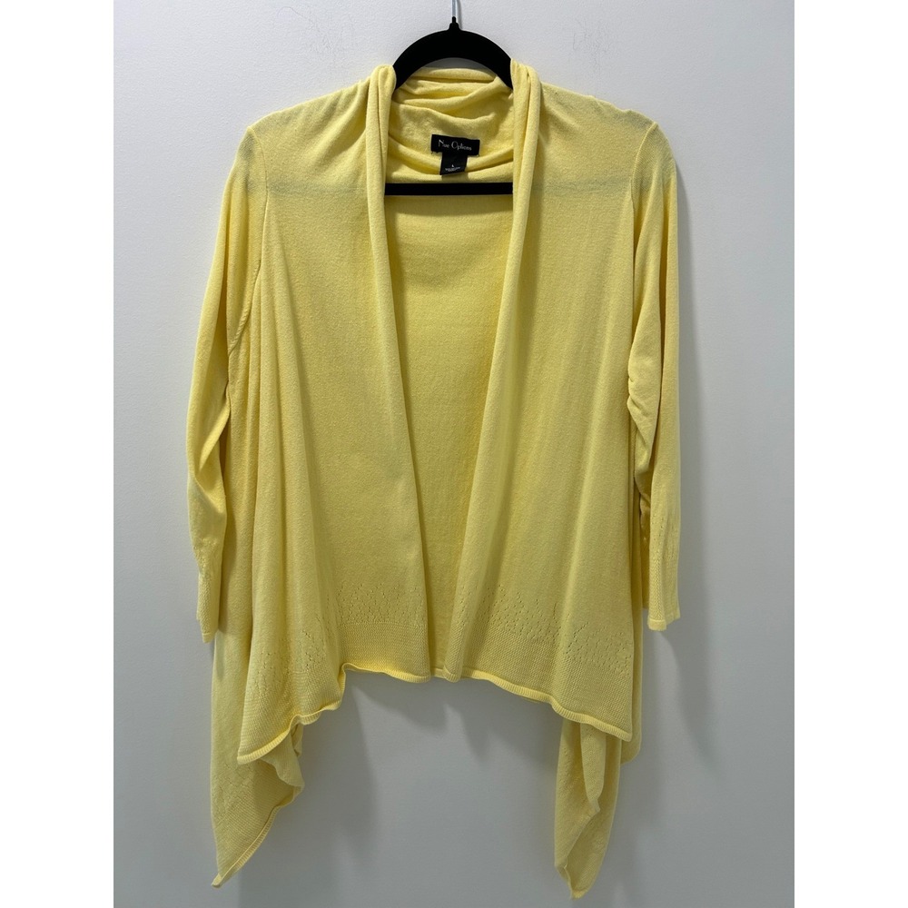Nue Options Yellow Open Front Draped Waterfall Cardigan Knit Sweater Large